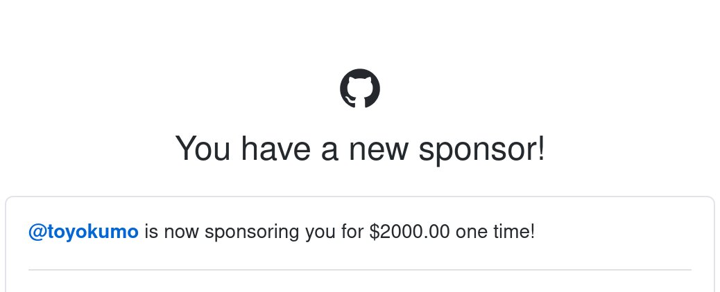 sitnikcode's tweet image. Wow! The Japanese company Toyokumo has donated $2,000 to me on GitHub.
toyokumo.co.jp/en
This means a lot to me. Sponsorship really makes a big difference for all open source projects.
github.com/sponsors/ai