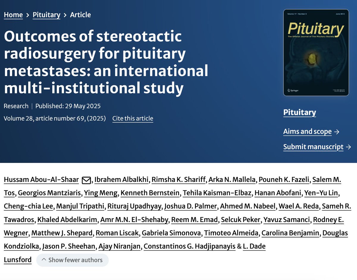 Just out: our international multicenter study showing stereotactic radiosurgery as a safe, effective option for treating pituitary metastases—reinforcing its place in multidisciplinary care. #Radiosurgery #Neurooncology