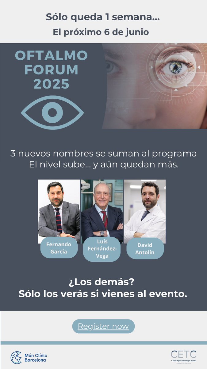 Cuando los que lideran hablan, hay que estar.
En #OftalmoForum2025 no se viene a escuchar, se viene a cambiar el rumbo.
📍 Barcelona
🔗 Agenda disponible bit.ly/420DgoP
⚠️ Solo 13% de aforo disponible