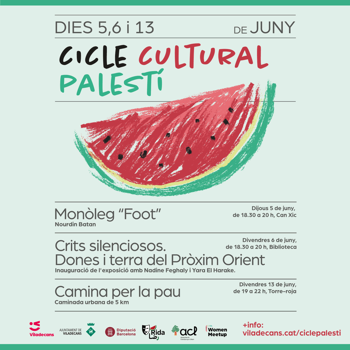 ✨ Aquest juny participem al #CicleCulturalPalestí a Viladecans!

📅 3–30/06: expo “Crits silenciosos” de Nadine Feghali.
🗣️ 6/06: xerrada sobre resistència feminista i anticolonial amb Feghali i l’activista feminista Yara El Harake.

🍉 Cultura, memòria i lluita!