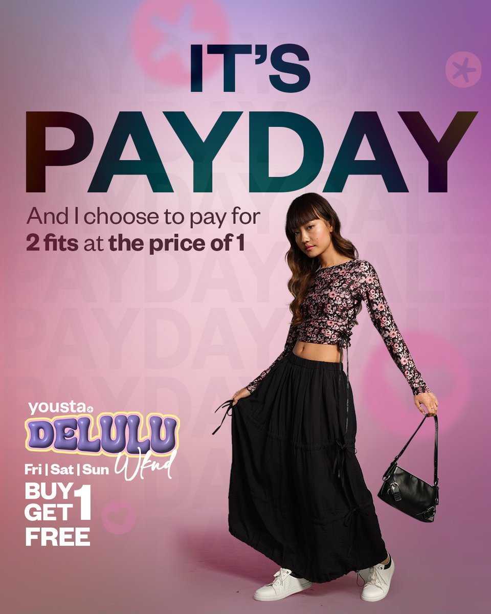 Made some investments this payday. ​😌
By investments I mean cute yousta fits on B1G1 offer this Fri, Sat &amp; Sun. ​🤑
Don’t miss the yousta Delulu Wknd. 🔥 Shop now! 🛍

#yousta #youabsolutestar #fashion #fashionbrand #sale #delulu #weekendsale