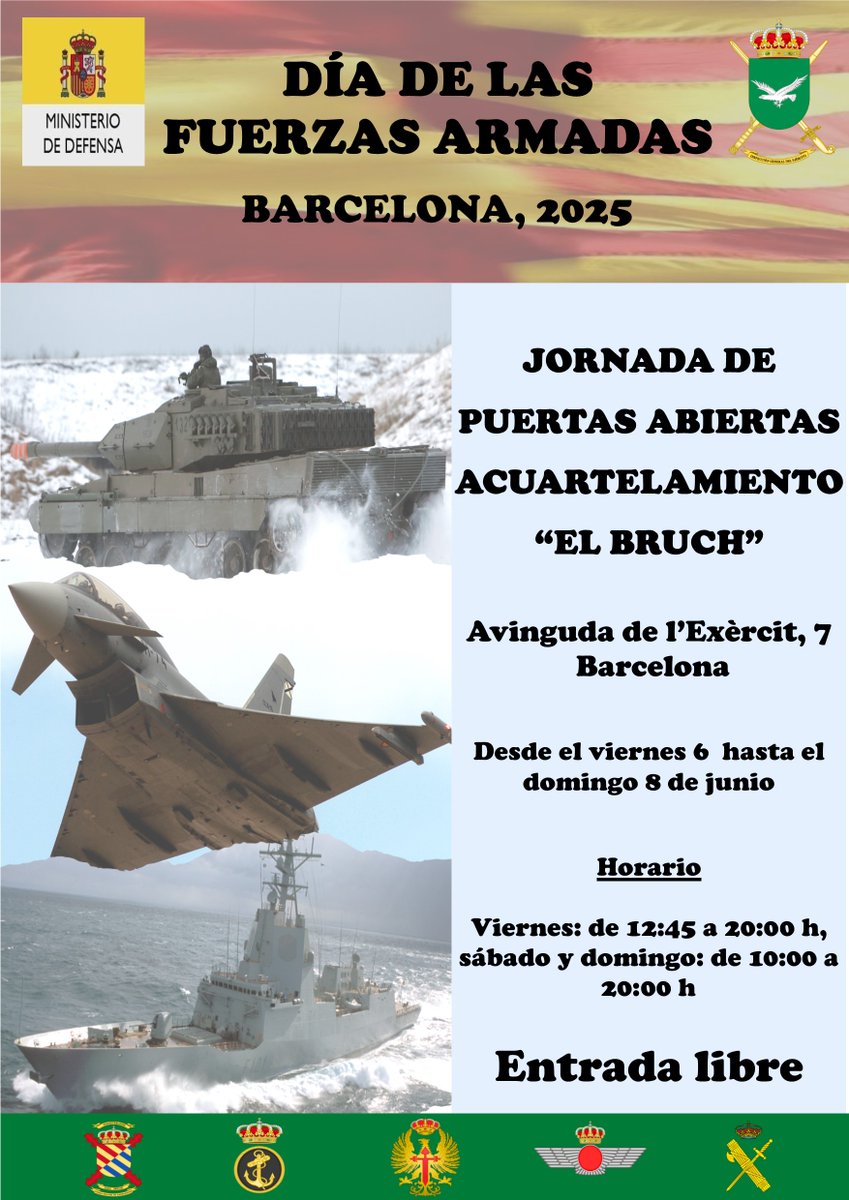 IGE_ET's tweet photo. Desde el viernes 6 hasta el domingo 8 tienes la oportunidad de compartir experiencias con nuestros militares acudiendo a las Jornadas de Puertas abiertas que se celebrarán en el Acuartelamiento del Bruc de Barcelona. ¿Te lo vas a perder? https://t.co/kOM870ZLWX