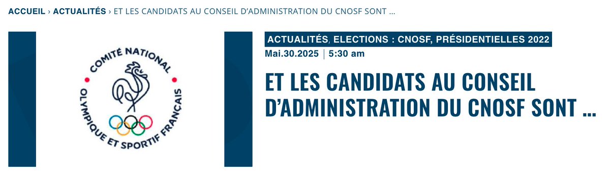 Patrick Bayeux / Décideurs du sport (@patrickbayeux) on Twitter photo Et les candidats au Conseil d'administration du CNOSF <a href="/FranceOlympique/">FranceOlympique</a> sont ...
Après avis du Comité de déontologie, le Bureau exécutif a validé ce mercredi 28 mai la liste des candidats au Conseil d’administration du CNOSF.
• 30 candidatures sont parvenues au titre de la Et les candidats au Conseil d'administration du CNOSF <a href="/FranceOlympique/">FranceOlympique</a> sont ...
Après avis du Comité de déontologie, le Bureau exécutif a validé ce mercredi 28 mai la liste des candidats au Conseil d’administration du CNOSF.
• 30 candidatures sont parvenues au titre de la