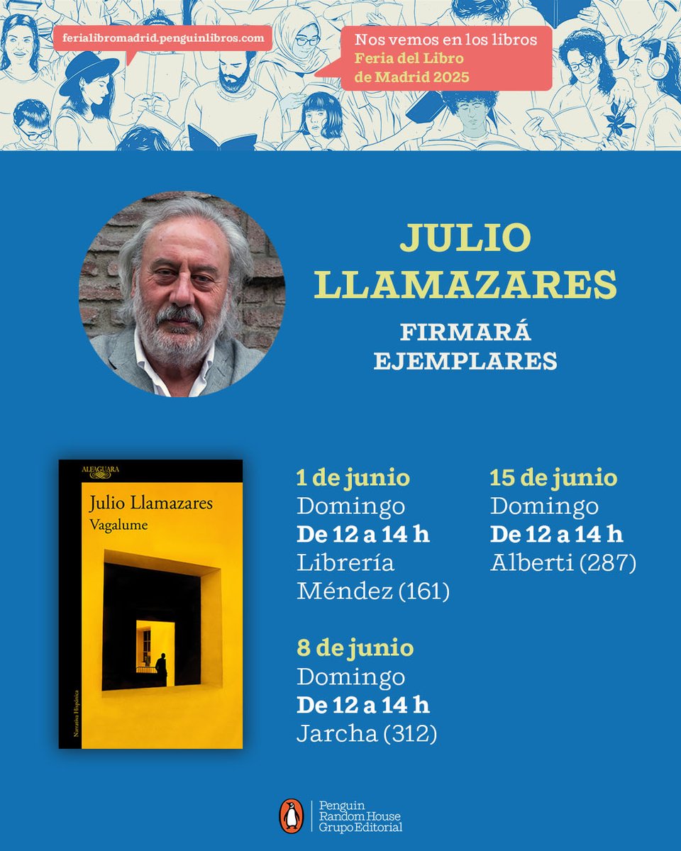 Alfaguara (@alfaguaraes) on Twitter photo <a href="/FLMadrid/">Feria del Libro de Madrid</a> <a href="/penguinlibros/">Penguin España 🐧📚</a> <a href="/JoelDicker/">Joel Dicker</a> <a href="/mugalibros/">Librería Muga</a> <a href="/casadellibro/">Casa del Libro</a> <a href="/elcorteingles/">El Corte Inglés</a> <a href="/LaBuenaVidaLib/">La Buena Vida</a> <a href="/sdiazcortes/">Santiago Díaz</a> <a href="/LibreriaCarmen/">LIBRERÍA CARMEN</a> <a href="/FabulaLibreria/">Librería & Atelier Fábula</a> <a href="/libreriavisor/">Visor Libros</a> <a href="/SusanaMGijon/">Susana Martín Gijón</a> <a href="/letras_vino/">Vino a por letras</a> <a href="/Lib_Mujeres/">Librería Mujeres</a> <a href="/laanonimalib/">La Anónima Librería</a> <a href="/manueljabois/">Manuel Jabois</a> <a href="/Olavidelibros/">Olavide | Bar de Libros</a> <a href="/claudiapineiro/">Claudia Piñeiro 💚 🧡</a> <a href="/retirodeletras/">El Retiro de las Letras</a> <a href="/andresneuman/">Andrés Neuman</a> <a href="/LibreriaAlberti/">Librería Alberti</a> <a href="/pradobenjamin/">Benjamín Prado 📚</a> <a href="/libreriajarcha/">Librería Jarcha</a> <a href="/JuanJoseMillas/">Juan José Millás</a> <a href="/Miraguano/">Librería Miraguano.</a> <a href="/Fnac_ESP/">Fnac España</a> <a href="/JuanLuisArsuaga/">Juan Luis Arsuaga</a> <a href="/PasajesLibreria/">Pasajes Librería Internacional</a> ✍️ Julio Llamazares firmará ⬇️
🗓️ 1 de junio
⏰12-14h 👉 <a href="/Mendezlibreria/">Librería Méndez</a> (caseta 161) <a href="/FLMadrid/">Feria del Libro de Madrid</a> <a href="/penguinlibros/">Penguin España 🐧📚</a> <a href="/JoelDicker/">Joel Dicker</a> <a href="/mugalibros/">Librería Muga</a> <a href="/casadellibro/">Casa del Libro</a> <a href="/elcorteingles/">El Corte Inglés</a> <a href="/LaBuenaVidaLib/">La Buena Vida</a> <a href="/sdiazcortes/">Santiago Díaz</a> <a href="/LibreriaCarmen/">LIBRERÍA CARMEN</a> <a href="/FabulaLibreria/">Librería & Atelier Fábula</a> <a href="/libreriavisor/">Visor Libros</a> <a href="/SusanaMGijon/">Susana Martín Gijón</a> <a href="/letras_vino/">Vino a por letras</a> <a href="/Lib_Mujeres/">Librería Mujeres</a> <a href="/laanonimalib/">La Anónima Librería</a> <a href="/manueljabois/">Manuel Jabois</a> <a href="/Olavidelibros/">Olavide | Bar de Libros</a> <a href="/claudiapineiro/">Claudia Piñeiro 💚 🧡</a> <a href="/retirodeletras/">El Retiro de las Letras</a> <a href="/andresneuman/">Andrés Neuman</a> <a href="/LibreriaAlberti/">Librería Alberti</a> <a href="/pradobenjamin/">Benjamín Prado 📚</a> <a href="/libreriajarcha/">Librería Jarcha</a> <a href="/JuanJoseMillas/">Juan José Millás</a> <a href="/Miraguano/">Librería Miraguano.</a> <a href="/Fnac_ESP/">Fnac España</a> <a href="/JuanLuisArsuaga/">Juan Luis Arsuaga</a> <a href="/PasajesLibreria/">Pasajes Librería Internacional</a> ✍️ Julio Llamazares firmará ⬇️
🗓️ 1 de junio
⏰12-14h 👉 <a href="/Mendezlibreria/">Librería Méndez</a> (caseta 161)