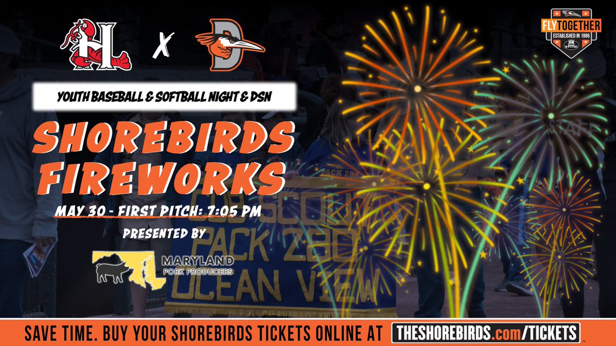 TONIGHT, the Shorebirds will be launching fireworks high into the sky as the best fireworks show on Delmarva returns presented by Maryland Pork Producers Association. Save time, buy your tickets 👇

Buy Tickets 👉 atmilb.com/3ODPm0U

#FlyTogether  | #Birdland