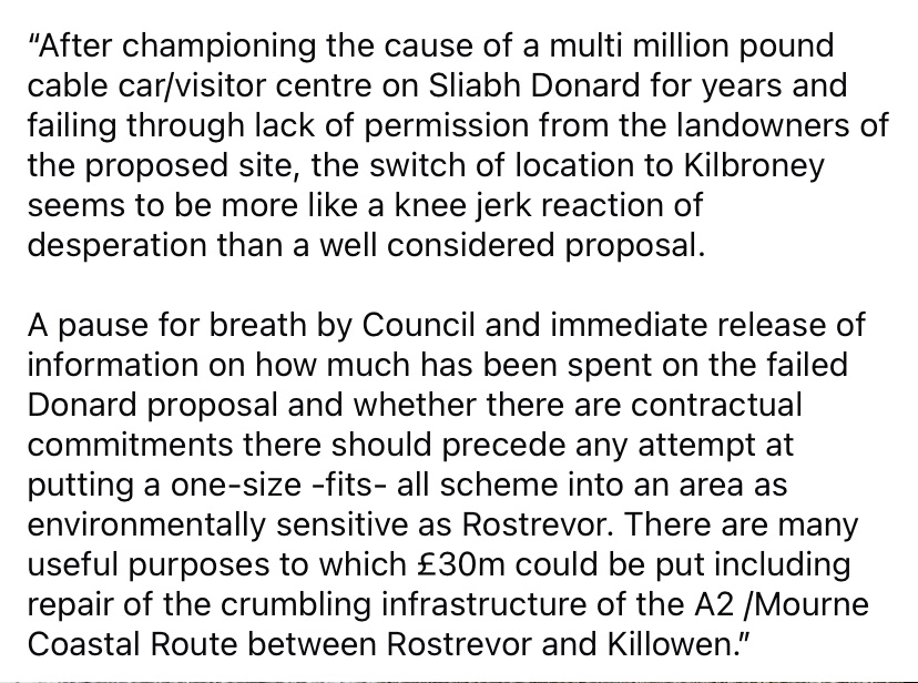 Our response to BBC News on the story of attempts to impose the gondola project on Rostrevor. We sent the below comment with photograph (March 2025) of an “infrastructure” of crumbling barrels of concrete on the shore side of Mourne Coastal route between Rostrevor and Killowen.
