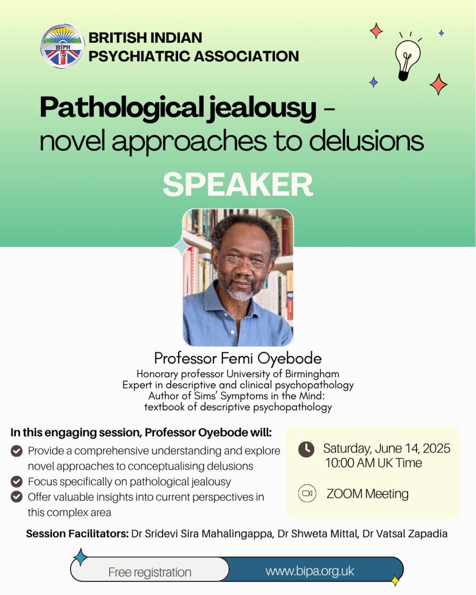 BIPA UK (@bipa_uk) on Twitter photo 📢Join renowned psychopathology expert Prof Femi Oyebode <a href="/FemiMind/">Femi Oyebode</a> on June 14th at 10 AM UK time ! He will be exploring novel approaches to delusions, with a specific focus on pathological jealousy. Register now bipa.org.uk/event-details/… 📢Join renowned psychopathology expert Prof Femi Oyebode <a href="/FemiMind/">Femi Oyebode</a> on June 14th at 10 AM UK time ! He will be exploring novel approaches to delusions, with a specific focus on pathological jealousy. Register now bipa.org.uk/event-details/…