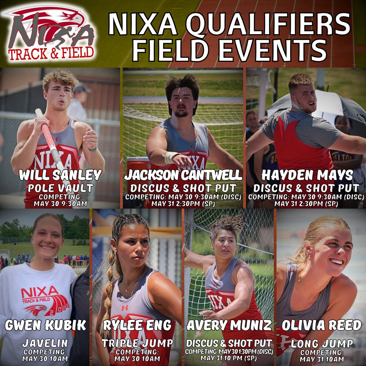 nixaathletics's tweet photo. 🎽 STATE DAY! 🎽

🦅 Good luck to our track and field teams as they kick off day one of the @MSHSAAOrg Class 5 State Championships in Jefferson City!

Nixa will be represented in 15 boys events and 10 girls events.

⏰ Today's meet time is scheduled to begin at 9:30am. 

➡️ Admission is $12 and can be purchased below. 

🎟️ https://t.co/FsRGWcHblj 🎟️

➡️ Live results can be tracked below. 

🔗 https://t.co/Wl3tVLbAer 🔗

➡️ Additional state track and field information can be found on our website below. 

🔗 https://t.co/qYJCuEbyn0 🔗

We'll also be posting live updates on our stories throughout the day. Stay tuned closer to the meeting time to follow along.

Go, Eagles! 🦅🎽💨