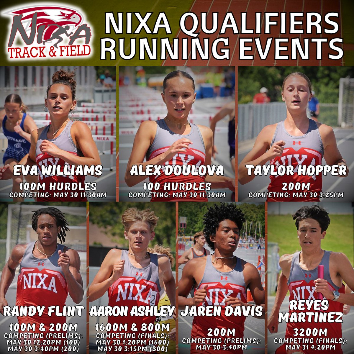nixaathletics's tweet photo. 🎽 STATE DAY! 🎽

🦅 Good luck to our track and field teams as they kick off day one of the @MSHSAAOrg Class 5 State Championships in Jefferson City!

Nixa will be represented in 15 boys events and 10 girls events.

⏰ Today's meet time is scheduled to begin at 9:30am. 

➡️ Admission is $12 and can be purchased below. 

🎟️ https://t.co/FsRGWcHblj 🎟️

➡️ Live results can be tracked below. 

🔗 https://t.co/Wl3tVLbAer 🔗

➡️ Additional state track and field information can be found on our website below. 

🔗 https://t.co/qYJCuEbyn0 🔗

We'll also be posting live updates on our stories throughout the day. Stay tuned closer to the meeting time to follow along.

Go, Eagles! 🦅🎽💨