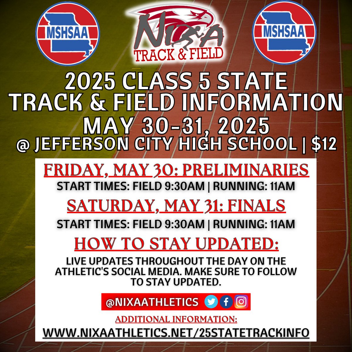 nixaathletics's tweet photo. 🎽 STATE DAY! 🎽

🦅 Good luck to our track and field teams as they kick off day one of the @MSHSAAOrg Class 5 State Championships in Jefferson City!

Nixa will be represented in 15 boys events and 10 girls events.

⏰ Today's meet time is scheduled to begin at 9:30am. 

➡️ Admission is $12 and can be purchased below. 

🎟️ https://t.co/FsRGWcHblj 🎟️

➡️ Live results can be tracked below. 

🔗 https://t.co/Wl3tVLbAer 🔗

➡️ Additional state track and field information can be found on our website below. 

🔗 https://t.co/qYJCuEbyn0 🔗

We'll also be posting live updates on our stories throughout the day. Stay tuned closer to the meeting time to follow along.

Go, Eagles! 🦅🎽💨