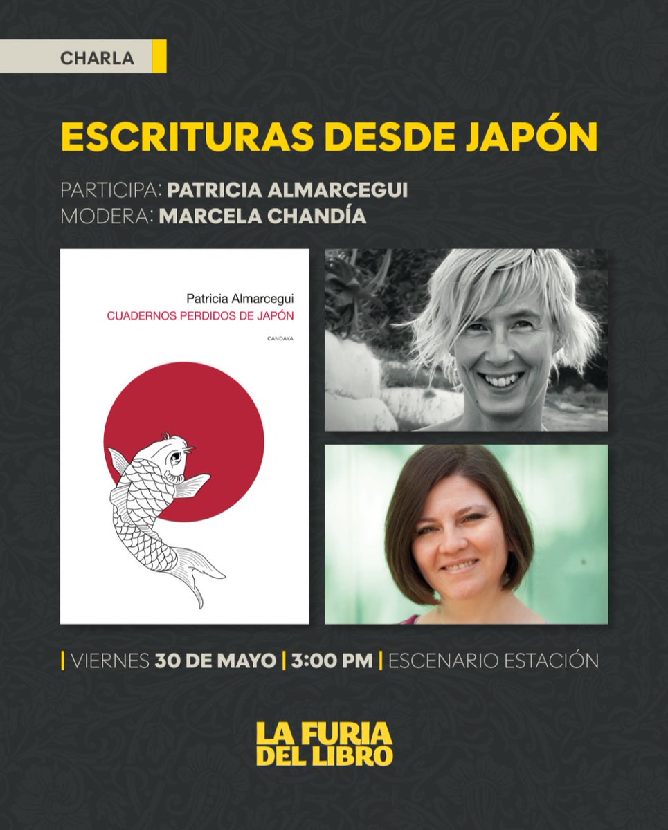 Patricia Almarcegui (@patriciaalmarce) on Twitter photo Pues ya estamos. Y será hoy. Muy contenta 😊. En <a href="/lafuriadellibro/">La Furia del Libro</a> de Santiago de Chile. La Feria del Libro Independiente en español más importante del mundo. En la estación Mapocho. A mapochear!!!!
#cuadernosperdidosjapon
<a href="/EdCandaya/">Editorial Candaya</a> Pues ya estamos. Y será hoy. Muy contenta 😊. En <a href="/lafuriadellibro/">La Furia del Libro</a> de Santiago de Chile. La Feria del Libro Independiente en español más importante del mundo. En la estación Mapocho. A mapochear!!!!
#cuadernosperdidosjapon
<a href="/EdCandaya/">Editorial Candaya</a>