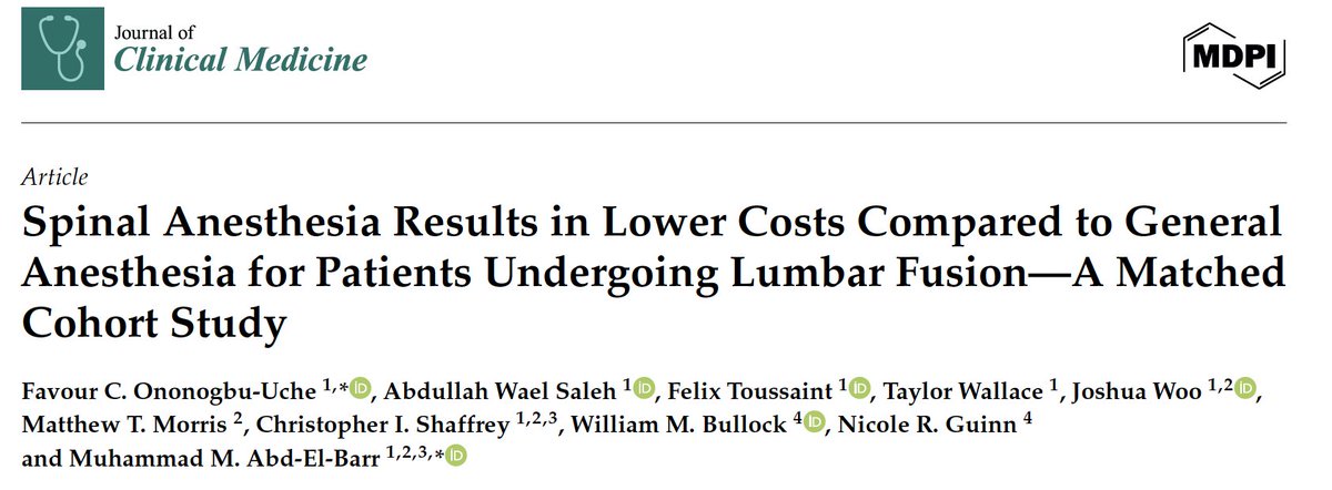 Muhammad Abd-El-Barr MD PhD FAANS (@abdelbarrspine) on Twitter photo Pub:Spinal Anesthesia Results in Lower Costs Compared to General Anesthesia for Patients Undergoing Lumbar Fusion—A Matched
Cohort Study
link: mdpi.com/2077-0383/14/1…
<a href="/MDPIOpenAccess/">MDPI</a>
Great job by lead author <a href="/Favour_O_Uche/">Favour C. Ononogbu-Uche</a> and team Pub:Spinal Anesthesia Results in Lower Costs Compared to General Anesthesia for Patients Undergoing Lumbar Fusion—A Matched
Cohort Study
link: mdpi.com/2077-0383/14/1…
<a href="/MDPIOpenAccess/">MDPI</a>
Great job by lead author <a href="/Favour_O_Uche/">Favour C. Ononogbu-Uche</a> and team
