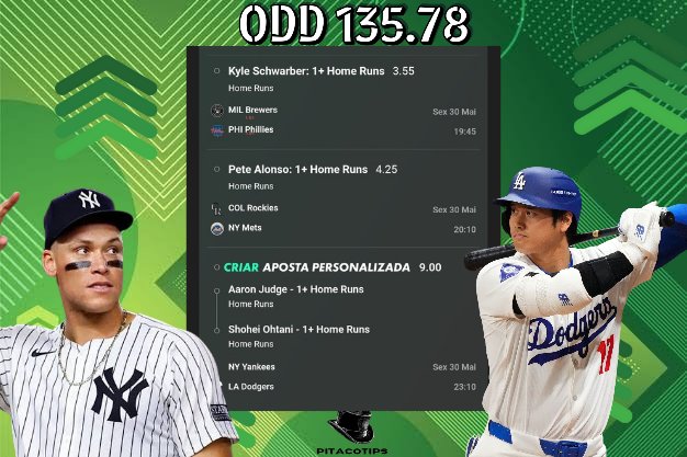 PitacoTips's tweet image. Dia de jogão na MLB: Yankees @ Dodgers e seus dois grandes rebatedores disponíveis: Aaron Judge e Shohei Ohtani.

Múltipla: 0.10u
Schwarber: 0.25u
Alonso: 0.25u