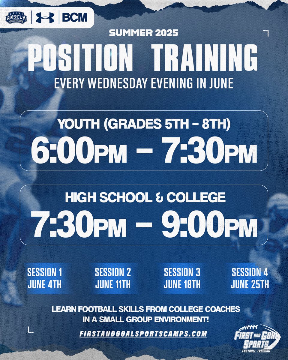 First and Goal Sports Football Training (@firstgoalsports) on Twitter photo 5๏ธโฃ Days Out!
Learn the game the right way with <a href="/STAHawksFB/">Saint Anselm Football ๐ #BCM</a> ๐
๐ฅ 90 minutes of elite football training with college coaches!
๐น Two Sessions:
โฐ 6:00โ7:25 PM | Grades 5โ8
โฐ 7:30โ9:00 PM | Grades 9โCollege 5๏ธโฃ Days Out!
Learn the game the right way with <a href="/STAHawksFB/">Saint Anselm Football ๐ #BCM</a> ๐
๐ฅ 90 minutes of elite football training with college coaches!
๐น Two Sessions:
โฐ 6:00โ7:25 PM | Grades 5โ8
โฐ 7:30โ9:00 PM | Grades 9โCollege