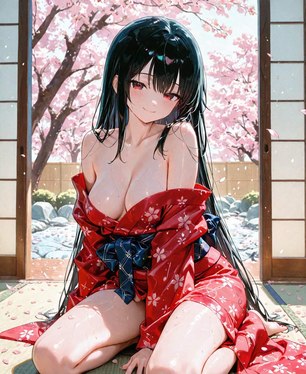 j0rd0n's tweet image. In a sea of petals,  a vision in red. #AIArt #SakuraVibes #digitalart