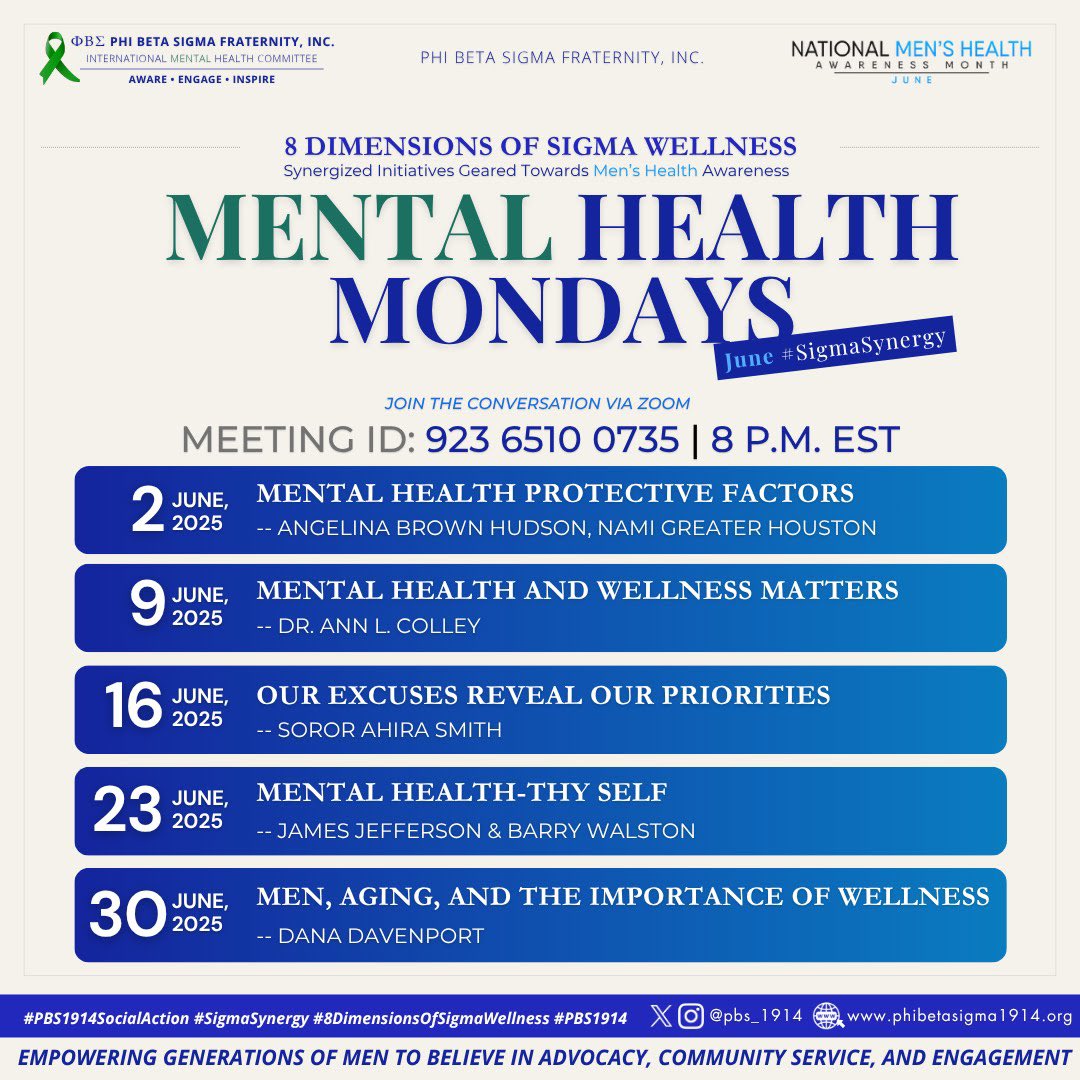 b_pbs's tweet photo. Join the International Mental Health Committee and #SigmaSynergy for Mental Health Mondays 2025! We’re hosting weekly mental health discussions, every Monday at 8 PM EST. Find out more on the PBS1914MentalHealth Facebook Page. #8DimensionsofSigmaWellness
@pbs_1914 @PBSEast https://t.co/2Pmw9168t3