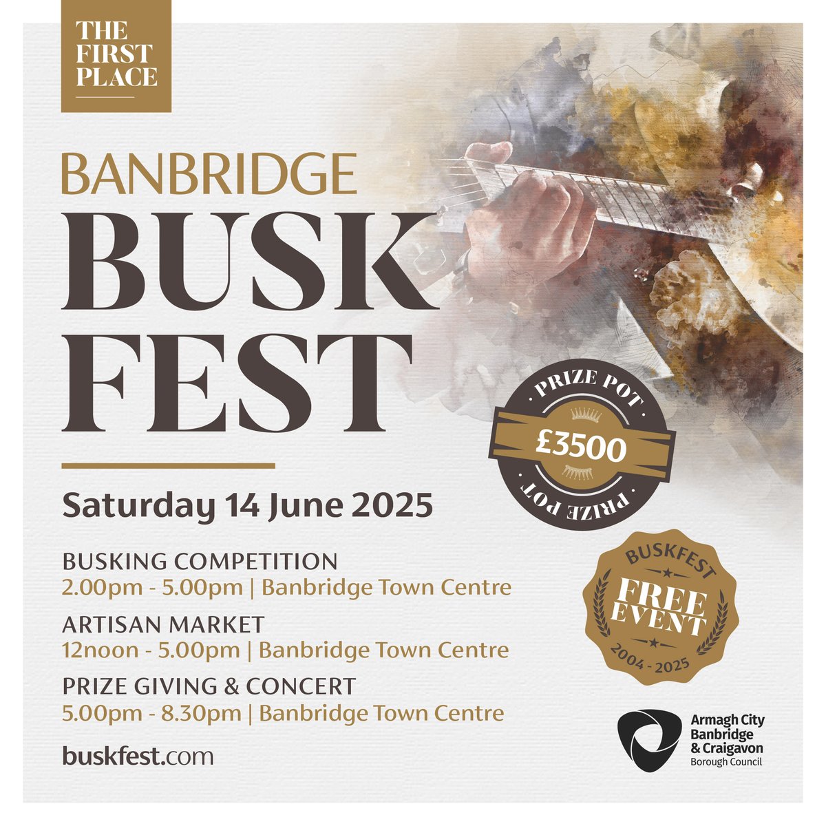 #Buskfest2025 - Saturday 14th June
🎻 2-5 pm Busking in Banbridge town centre; free family fun&amp;artisan market!
⚡ 12-9 pm Funfair in Solitude Park
🎼 5-8.30 pm Prize giving&amp;concert with Banshee, Reillys &amp; headlined by The Nooks!
📲 buskfest.com 🎸Don't miss out!