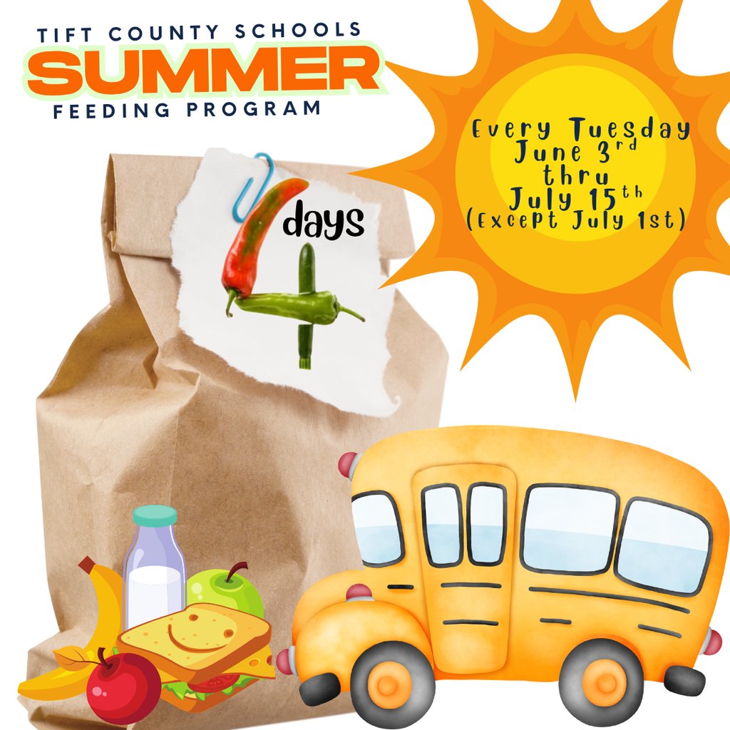 📅 4 Days to Go!
🥣 4 days until FREE meals are rolling out for summer!
Tift County Schools is serving up 7 days of breakfast &amp; lunch in each bag.
Find a site near you: tiftschools.com/page/summer-fe…
#4theT