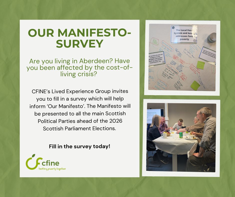 CFINEAberdeen's tweet image. Are you living in Aberdeen and impacted by the cost-of-living crisis?
CFINE’s Lived Experience Group invites you to contribute to their Manifesto!
Fill in the survey today: forms.cloud.microsoft/e/M1YAbMsPwB
#FoodPovertyAberdeen #LivedExperience #CostOfLivingCrisis