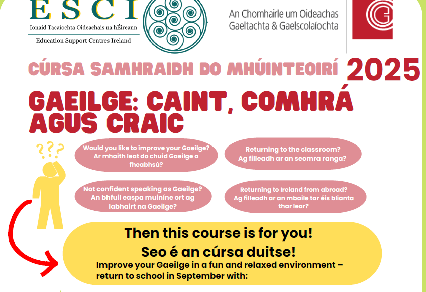 Kildare ESC (@kectweet) on Twitter photo Gaeilge: Caint, Comhrá & Craic!🎉 
FREE summer course-perfect for Primary teachers to build confidence and competence using Irish
Whether you’re brushing up or starting fresh, join us for a week of lively learning and practical Gaeilge  <a href="/ESCItweets/">ESCI</a> <a href="/CoggOid/">COGG Oideachas</a> #caint_comhra_craic Gaeilge: Caint, Comhrá & Craic!🎉 
FREE summer course-perfect for Primary teachers to build confidence and competence using Irish
Whether you’re brushing up or starting fresh, join us for a week of lively learning and practical Gaeilge  <a href="/ESCItweets/">ESCI</a> <a href="/CoggOid/">COGG Oideachas</a> #caint_comhra_craic