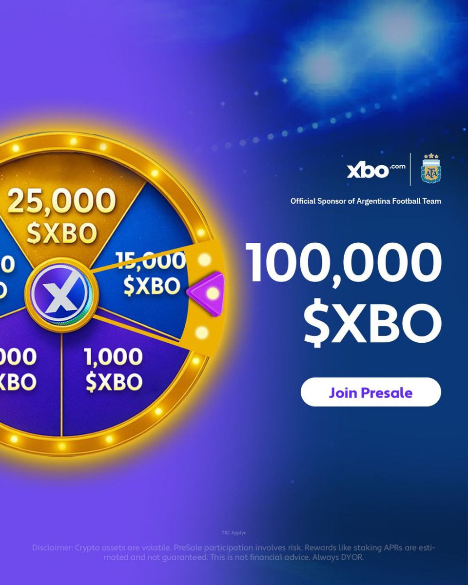 🎯 Don’t miss your shot at the 100,000 $XBO Raffle!

Buy $XBO during Presale and spin the wheel for a chance to win up to 25,000 $XBO instantly!

⏳ 100,000 $XBO up for grabs
👉 Join Now: xbo.com/platform/pre-s…

#XBOPresale $XBO #XBO #CryptoRewards #RaffleTime #BullMarket #CEX