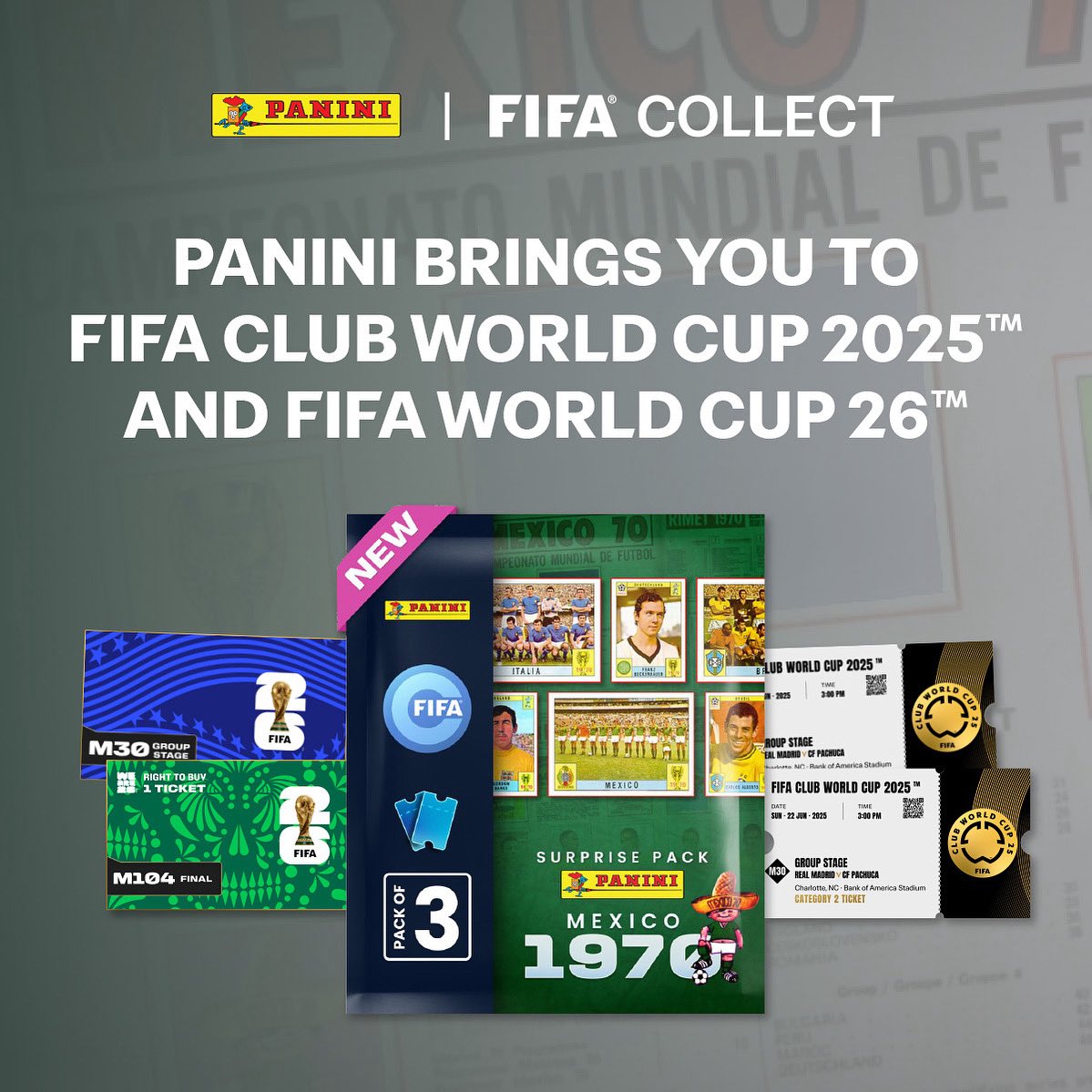 NOW LIVE! Collect Panini Mexico 1970 on FIFA Collect! 🏆
Get the chance to win extra rewards, including FIFA World Cup 26™ RTBs up to the Finals + FIFA Club World Cup 2025™ tickets!
Discover more at  collect.fifa.com/panini-1970?ut…