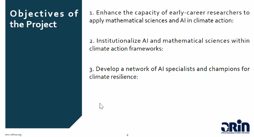 Our <a href="/IDRC_CRDI/">IDRC | CRDI</a> -funded project’s core objectives are to empower early-career researchers in math &amp; AI for climate action, integrate AI and math sciences into climate frameworks &amp; build a network of AI specialists for climate resilience. <a href="/Agevy/">Humphrey Agevi, PhD</a>  (<a href="/arin_africa/">Africa Research & Impact Network</a>)
#AI4Climate