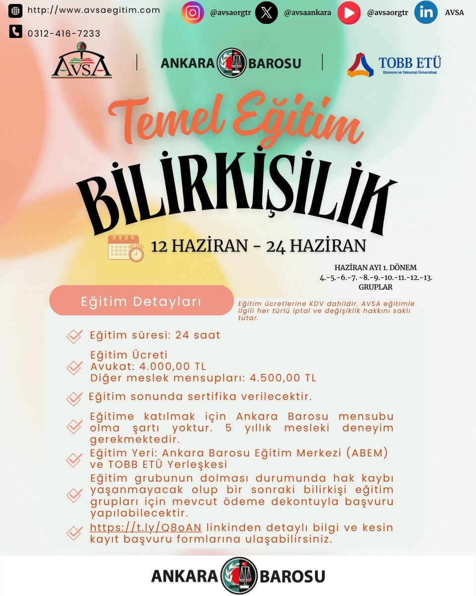 Bilirkişilik Temel eğitimleri Haziran Dönem eğitimleri 12 Haziran 2025'de başlıyor. t.ly/Q8oAN linkinden detaylı bilgi ve kesin kayıt başvuru formlarına ulaşabilirsiniz.
<a href="/ankarabarosu/">Ankara Barosu</a> <a href="/muskoroglu/">Av. Mustafa Köroğlu</a> <a href="/basaksonmez/">başak</a>