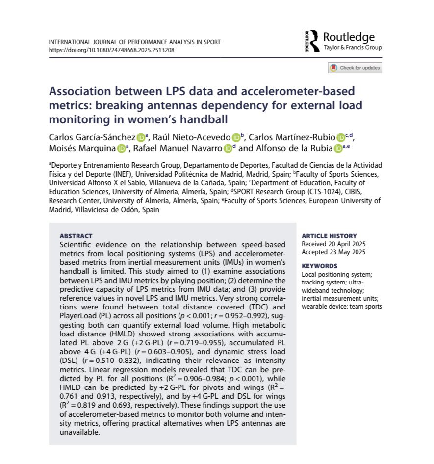 ⚠️📡 La monitorización de la carga externa en deportes indoor como el balonmano afronta algunos problemas asociados a los Sistemas Posicionamiento Local (LPS) con antenas (UWB)

📄En nuestras últimas investigaciones aportamos soluciones para superar estos inconvenientes

🧵👇🏻