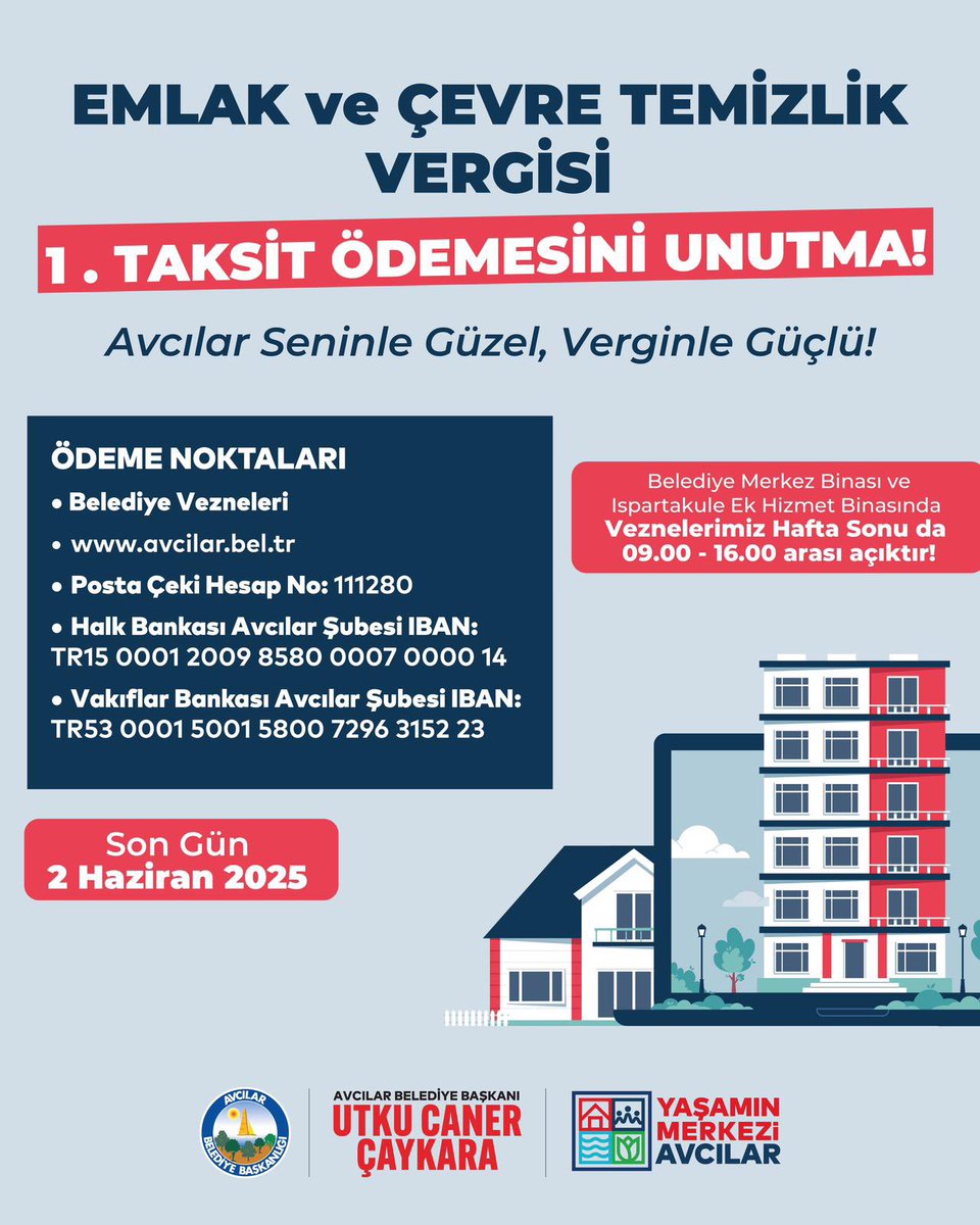 📌 Emlak, Çevre ve Temizlik vergilerinin 1. taksit son ödeme tarihi 2 Haziran ❗️

Veznelerimiz hafta sonu da açıktır.

⏰ 09.00-16.00

Veznelerimizden ya da avcilar.bel.tr adresimiz üzerinden online olarak ödemelerinizi yapabilirsiniz.