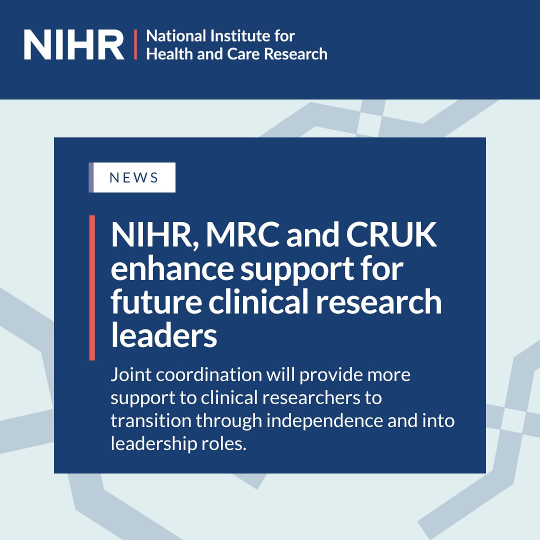 National Institute for Health and Care Research (@nihrresearch) on Twitter photo We are working with <a href="/The_MRC/">Medical Research Council</a> and <a href="/CR_UK/">Cancer Research UK</a> to grow clinical research capacity and improve career paths.
Through aligned Clinical Future Leaders Fellowship opportunities, we will help researchers transition from training and independent research into leadership roles, by providing We are working with <a href="/The_MRC/">Medical Research Council</a> and <a href="/CR_UK/">Cancer Research UK</a> to grow clinical research capacity and improve career paths.
Through aligned Clinical Future Leaders Fellowship opportunities, we will help researchers transition from training and independent research into leadership roles, by providing