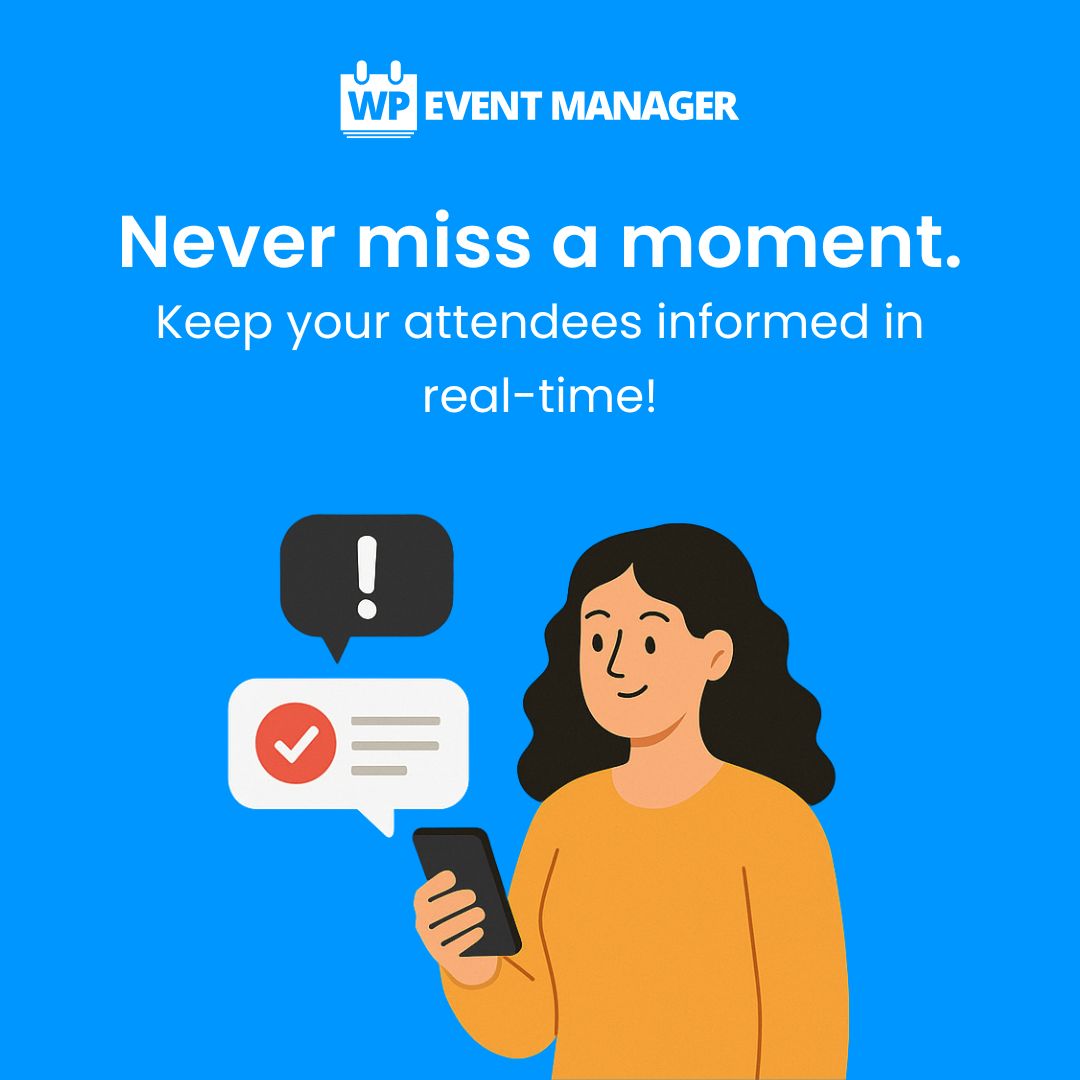 wp_eventmanager's tweet image. 📲 Boost event engagement with WP Event Manager’s SMS Notification Addon!
✅ Instant updates
✅ Timely reminders
✅ Auto alerts
✅ Fewer no-shows
Stay direct, fast & effective.
🚀 Try it now! zurl.co/2Tykb 
#WPEventManager #SMSNotifications #EventProfs #EventTech