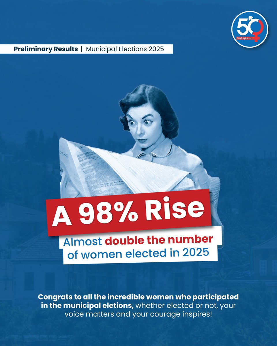 نسبة مشاركة النساء في الانتخابات البلدية لعام ٢٠٢٥. 📊
مبروك للسيدات المنتخبات.
نفتخر بالتقدّم الملحوظ الذي شهدته بلدات لبنان. 🇱🇧