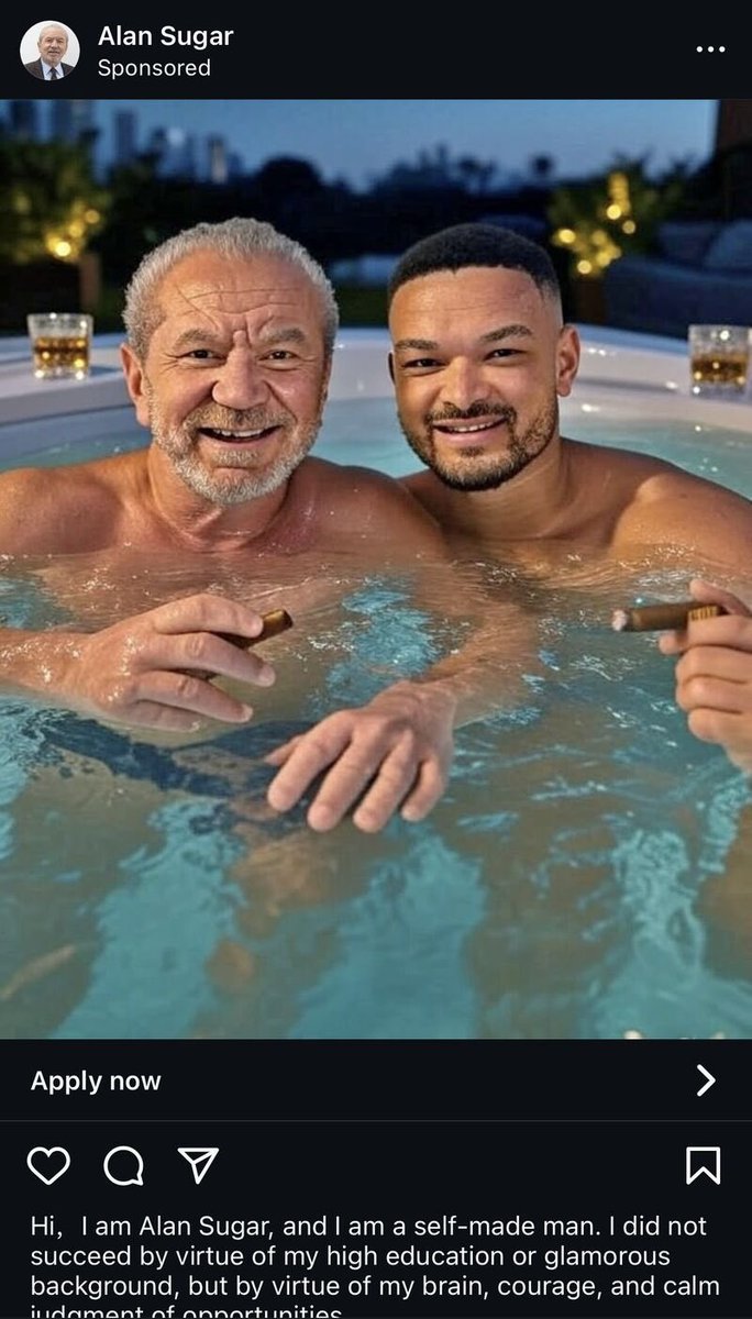 🚨 WARNING 🚨

🛁💸 Never trust financial advice from a jacuzzi 🛁💸
 
The latest in a round of AI scams doing the rounds. I just hope no one is stupid enough to hand over their bank details to “Sir Alan’s institutional-grade WhatsApp group.” Because, you know, that’s how