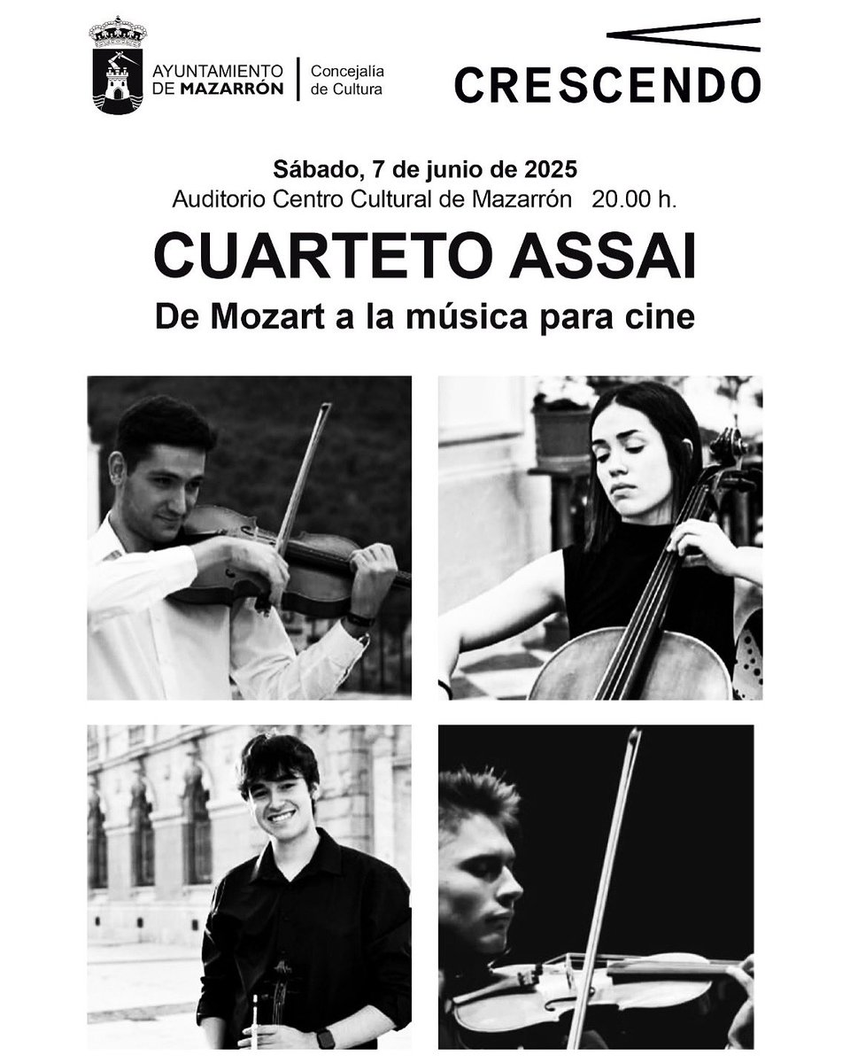 🎻✨ CUARTETO ASSAI en Mazarrón 

¡Un viaje musical de Mozart al cine que no te puedes perder!

🗓 Sábado, 7 de junio de 2025
🕗 20:00 h
📍 Auditorio del Centro Cultural de Mazarrón

🎫 Entrada libre hasta completar aforo.

#CulturaMazarrón