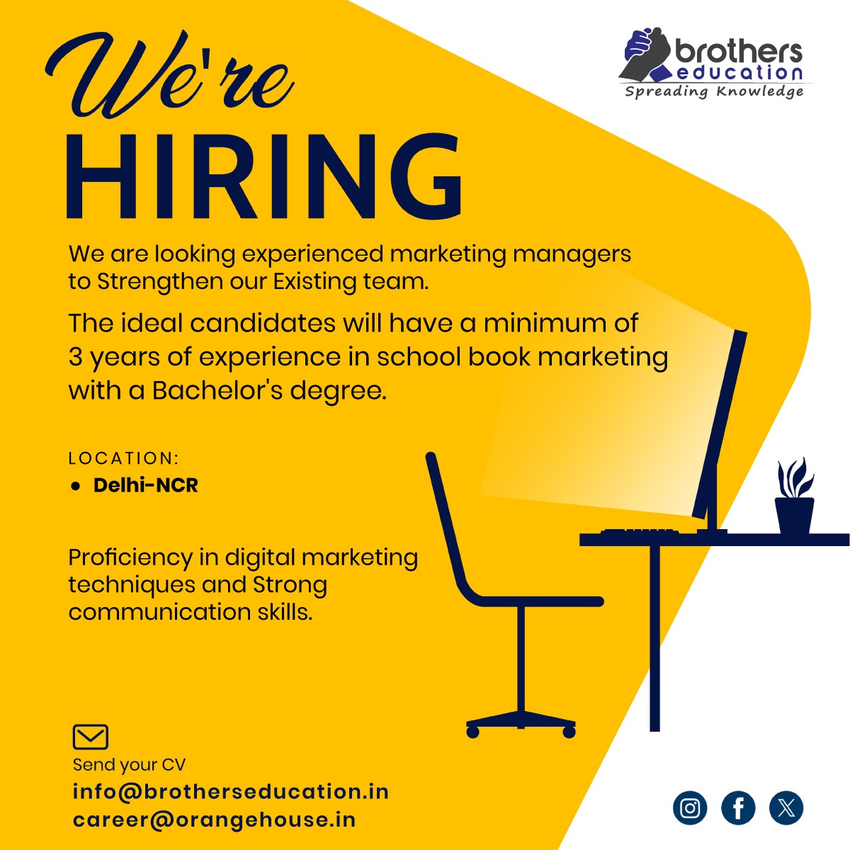 brotherssedu's tweet photo. 📢 We're Hiring!
Join our team as a Marketing Manager at Brothers Education.
📍 Location: Delhi-NCR
✅ 3+ yrs experience in school book marketing
✅ Strong digital &amp; communication skills
📩 Send your CV to:
info@brotherseducation.in | career@orangehouse.in https://t.co/FmwftklYaS