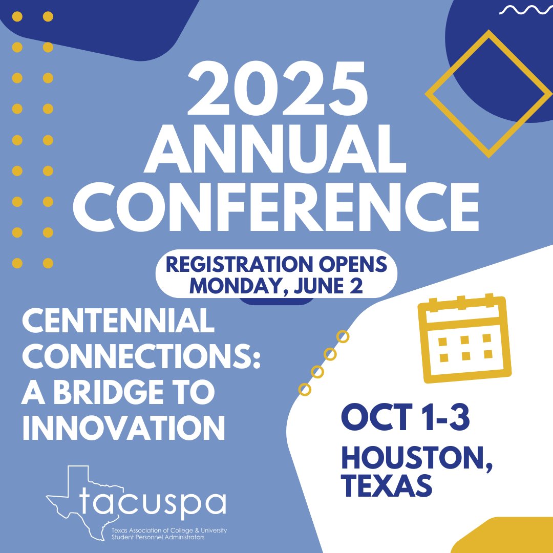 🗓 Are you ready for it?
The TACUSPA annual conference registration opens Monday, June 2!

We’re heading to Houston this October for Centennial Connections: A Bridge to Innovation — and you won’t want to miss it.

📍 Oct 1–3 | 🔗 Get ready: tacuspa.net/page-1863953