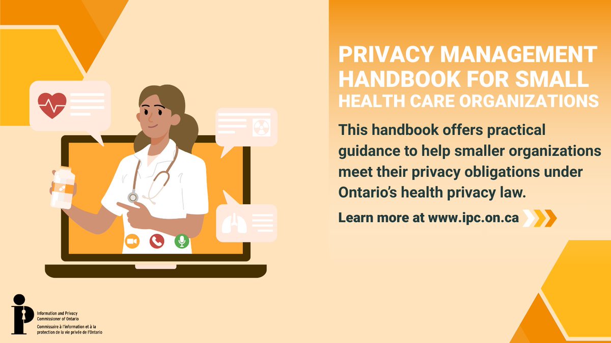Small health care organizations play a big role in Ontario’s health system, and we’re here to support you. The IPC’s new handbook for small health care organizations offers practical, accessible guidance to help you meet your privacy responsibilities. ipc.on.ca/en/resources/p…