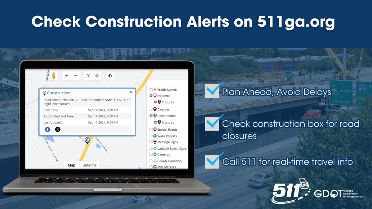 Weekend Construction Ahead? 🚧
Plan ahead and avoid delays by checking 511GA for real-time traffic updates, detours, and lane closures!