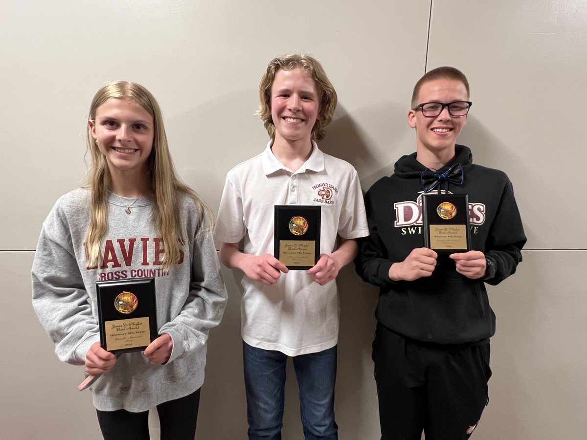 Congratulations to the eighth grade band winners of Discovery Middle School's James D. Ployhar Award! Mac Campbell (bassoon), Brielle Stevens (horn), and Greg Meidinger (percussion) received the award.