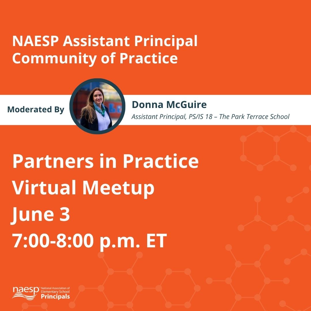 National Assoc. of Elementary School Principals (@naesp) on Twitter photo Join us Tuesday, June 3, 7-8 p.m. E.T., for a "Partners in Practice" themed discussion with the <a href="/NAESP/">National Assoc. of Elementary School Principals</a> Assistant Principals Community of Practice virtual meetup.
Topic: "Transition Plans to Prepare Students for the Next Grade"
Register early: naesp.org/event/assistan… Join us Tuesday, June 3, 7-8 p.m. E.T., for a "Partners in Practice" themed discussion with the <a href="/NAESP/">National Assoc. of Elementary School Principals</a> Assistant Principals Community of Practice virtual meetup.
Topic: "Transition Plans to Prepare Students for the Next Grade"
Register early: naesp.org/event/assistan…