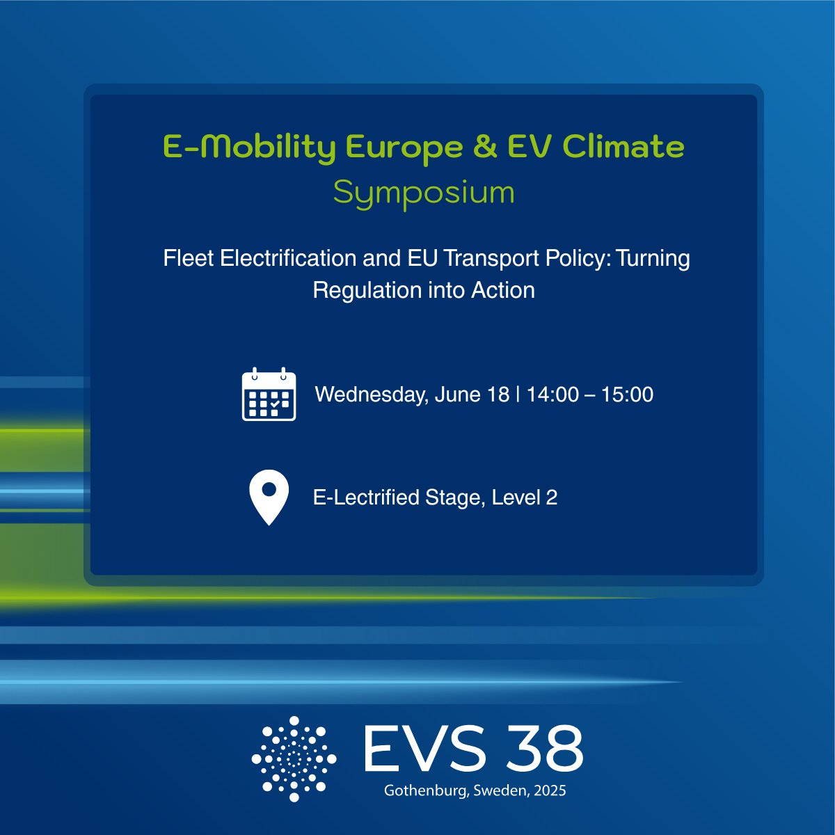 ⚡ E-Lectrified Stage: E-Mobility Europe &amp; EV Climate ⚡

Join E-Mobility Europe &amp; EV Climate at EVS38 on Wednesday, June 18, from 14:00 to 15:00 for the symposium "Fleet Electrification and EU Transport Policy: Turning Regulation into Action".
