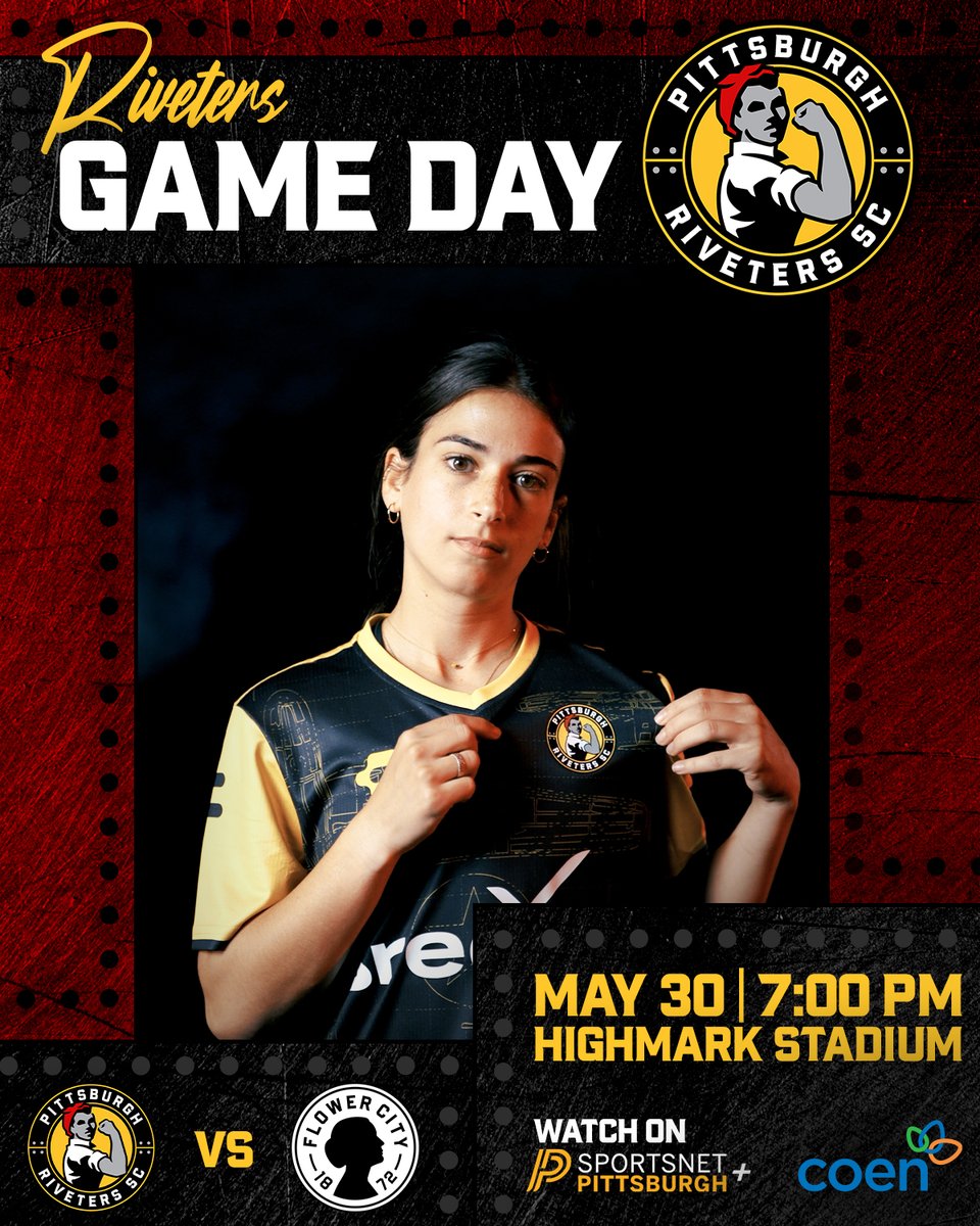 Back to our favorite place, it's a HOME GAME DAY! 💪

🆚 <a href="/FlowerCity1872/">Flower City 1872</a>
⏰ 7 pm
📍 @HighmarkStadium
📺 <a href="/SNPittsburgh/">SportsNet Pittsburgh</a> +
🎟️ tr.ee/RivetersTickets

Broadcast presented by <a href="/84LumberNews/">84 Lumber Company</a>
Match presented by <a href="/CoenMarkets/">Coen Markets</a>

#PITvFLC #RivetersRise