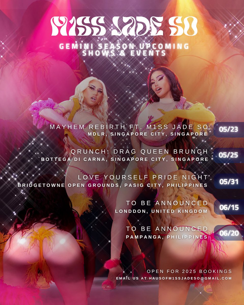 Haus Of M1ss Jade So (@hausofm1ssjade) on Twitter photo GEMINI Season! ♊️👯♀️
Here are <a href="/m1ssjadeso/">M1ss Jade So Colby</a>’s upcoming shows and appearances this season
We are open for 2025 bookings! 📧
E-mail us at: hausofm1ssjadeso@gmail.com
#M1ssJadeSo
#TeamM1ssJadeSo
#Goddessafication
#GoddessaBehavior
#GoddessaSupremacy GEMINI Season! ♊️👯♀️
Here are <a href="/m1ssjadeso/">M1ss Jade So Colby</a>’s upcoming shows and appearances this season
We are open for 2025 bookings! 📧
E-mail us at: hausofm1ssjadeso@gmail.com
#M1ssJadeSo
#TeamM1ssJadeSo
#Goddessafication
#GoddessaBehavior
#GoddessaSupremacy
