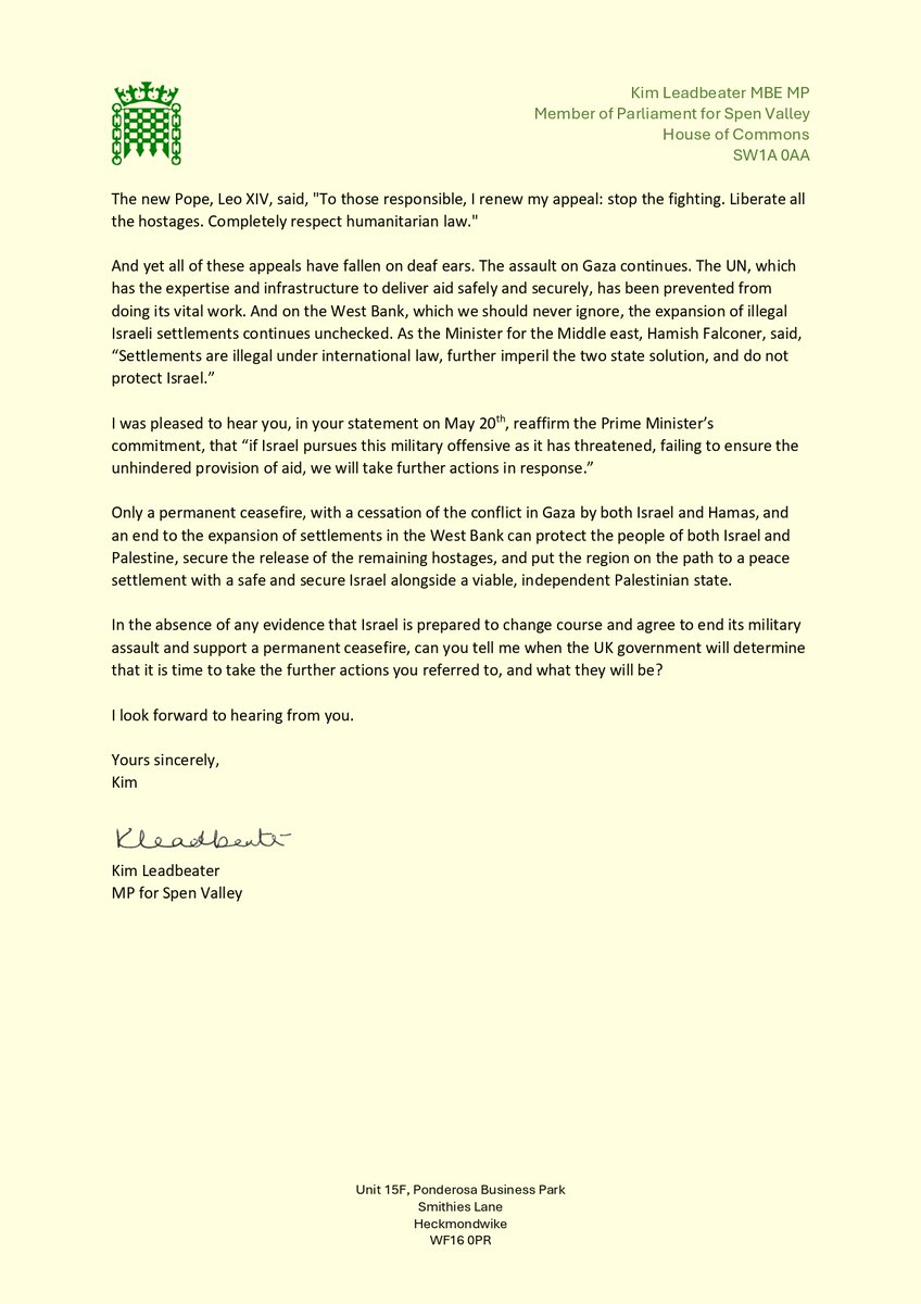 Kim Leadbeater MBE MP (@kimleadbeater) on Twitter photo With appalling scenes continuing in #Gaza, today I’ve written to <a href="/DavidLammy/">David Lammy</a> welcoming the Govt's recent statements & to ask what further steps the UK will take to help secure a permanent ceasefire & humanitarian access. A two-state solution is the only path to lasting peace. With appalling scenes continuing in #Gaza, today I’ve written to <a href="/DavidLammy/">David Lammy</a> welcoming the Govt's recent statements & to ask what further steps the UK will take to help secure a permanent ceasefire & humanitarian access. A two-state solution is the only path to lasting peace.