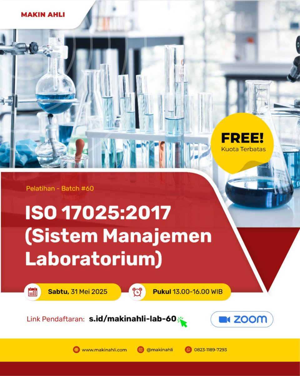 MakinAhli's tweet photo. Daftar Pelatihan @MakinAhli  dengan Topik Pelatihan Sistem Manajemen Laboratorium (ISO 17025:2017) di Link Ini :👇😊 
https://t.co/9H1eLCdpk2 https://t.co/NRtNIJ7Yn7