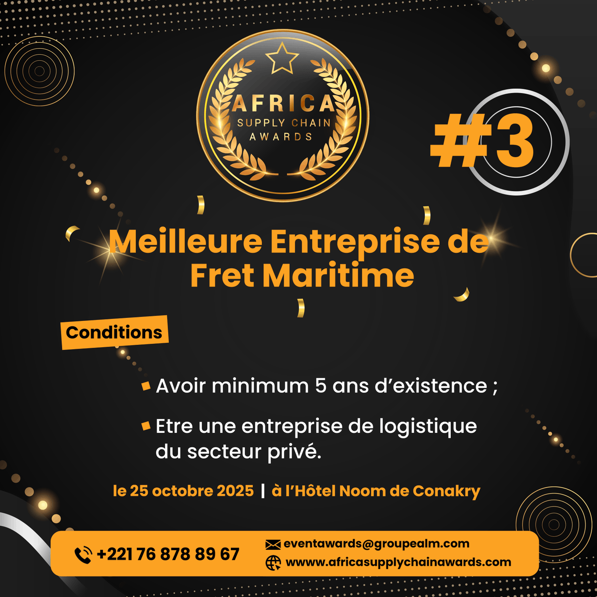 GroupeAlm's tweet image. #Runin to 🇬🇳 Conakry : #3 AfricaSupplyChainAwards

☑️ Si votre entreprise réunit les conditions, alors n'hésitez pas à l'inscrire sur ce lien : africasupplychainawards.com/candidater/ après avoir lu les conditions de participation à cette compétition sur le site web de l'événement.

#shipping