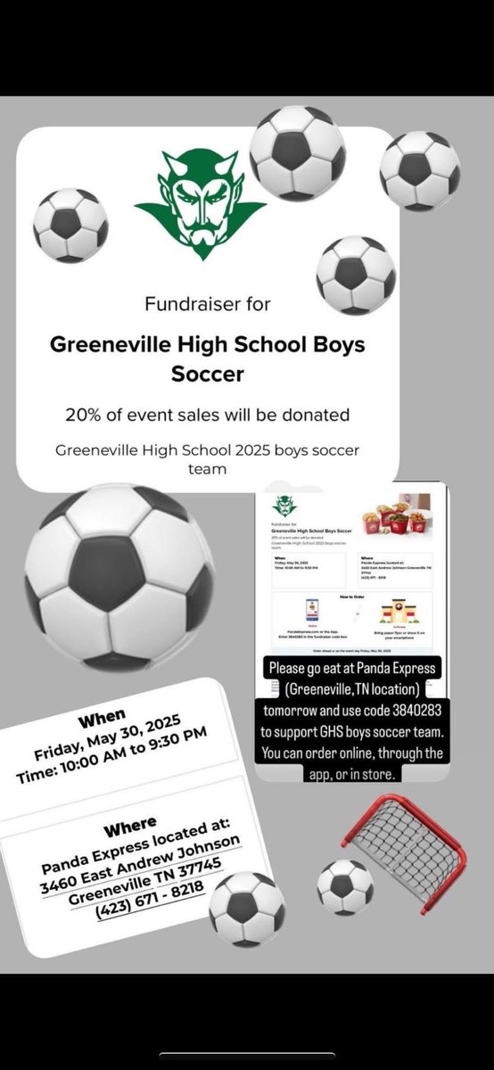 Please come support the GHS boys soccer team by eating at Panda Express in Greeneville today from 10:00am-9:30pm.  
Use the CODE: 3840283