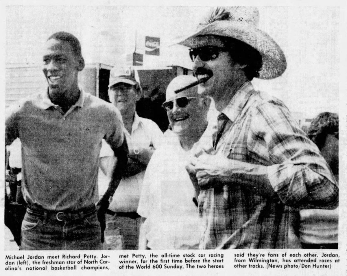 May 30, 1982: Michael Jordan was a guest of honor and introduced to the crowd at Charlotte Motor Speedway before the World 600

Jordan said, "I'm a racing fan, and I hope Richard Petty wins."
