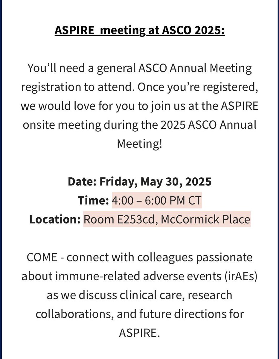 ASPIRE Community of Practice (@aspire_cop) on Twitter photo 📣📢 Big announcement: ASPIRE is ASCO’s newest Community of Practice
🎤The ASPIRE meeting at #ASCO25 is today from 4-6 pm at McCormick
🚀 Come join us for #irAE connections and collaboration!
<a href="/FunchainMD/">Pauline Funchain</a> <a href="/PGrivasMDPhD/">Petros Grivas</a> <a href="/MazieTsangMD/">Mazie Tsang, MD, MAS, MS</a> <a href="/BryanSchne90417/">Bryan Schneider</a> <a href="/afreenshariffmd/">Afreen Shariff, MD</a> <a href="/lexmeara/">alexa meara</a> 📣📢 Big announcement: ASPIRE is ASCO’s newest Community of Practice
🎤The ASPIRE meeting at #ASCO25 is today from 4-6 pm at McCormick
🚀 Come join us for #irAE connections and collaboration!
<a href="/FunchainMD/">Pauline Funchain</a> <a href="/PGrivasMDPhD/">Petros Grivas</a> <a href="/MazieTsangMD/">Mazie Tsang, MD, MAS, MS</a> <a href="/BryanSchne90417/">Bryan Schneider</a> <a href="/afreenshariffmd/">Afreen Shariff, MD</a> <a href="/lexmeara/">alexa meara</a>